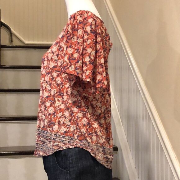 LUCKY BRAND Flutter Sleeve Rust, Navy, Ivory Floral Shirt With Floral Hem Sz SM - Picture 3 of 13